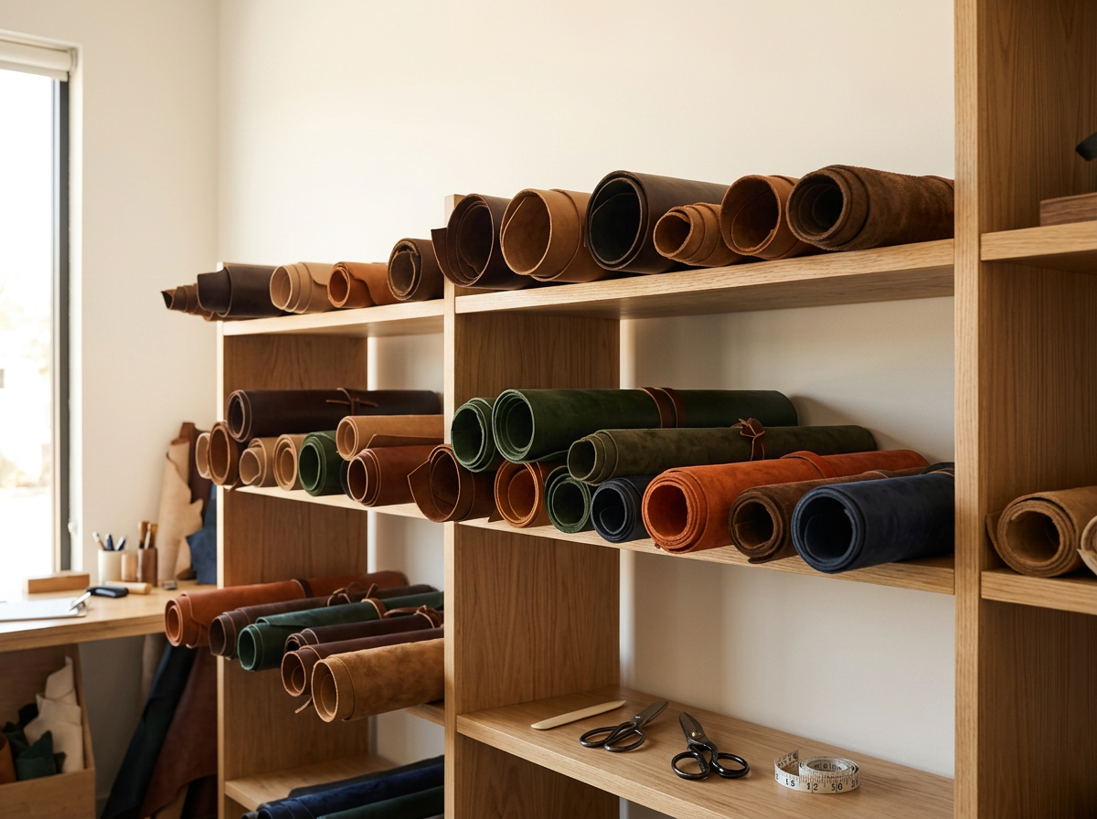 Wooden shelves filled with rolled leather in shades of brown, green, black, orange, and blue, with scissors, a measuring tape, and tools on a nearby table in a workshop.