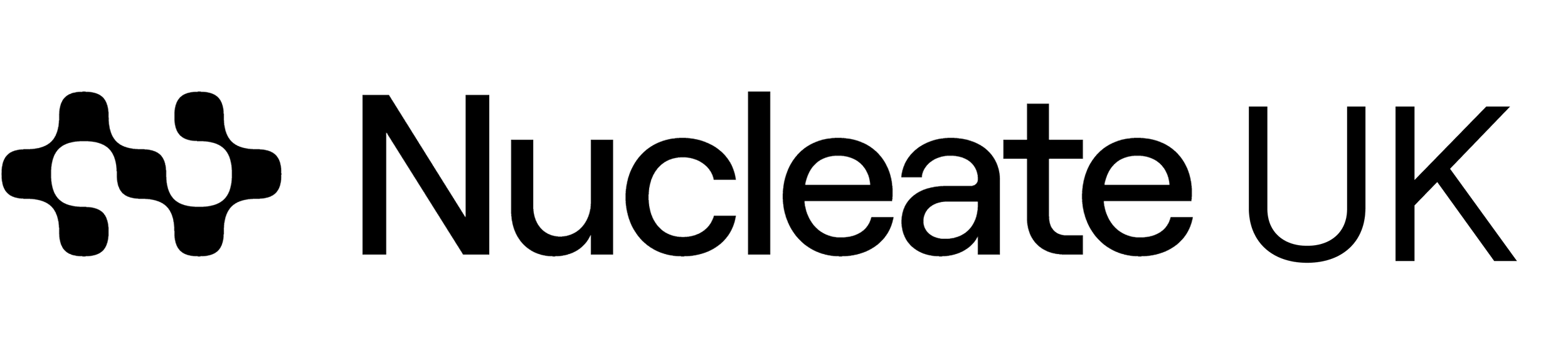 Nucleate logo with black interconnected shapes and the word Nucleo in black text