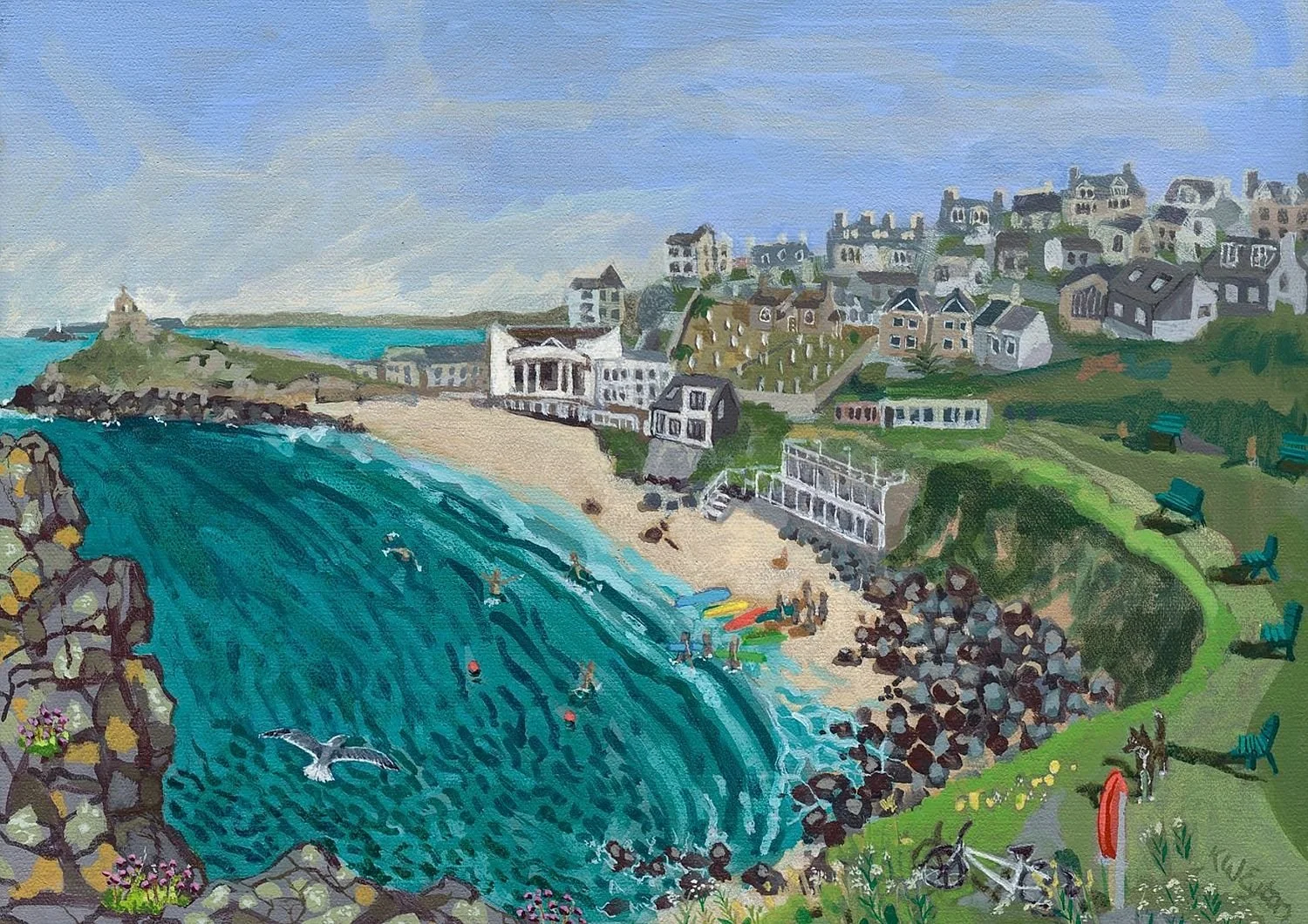 Porthmeor Beach - an original acrylic painting of an iconic view of Tate St Ives by K W Eyton