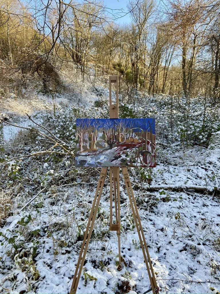 Plein Air progress shot of Wendover Woods in Snow, and original landscape acrylic painting by K W Eyton