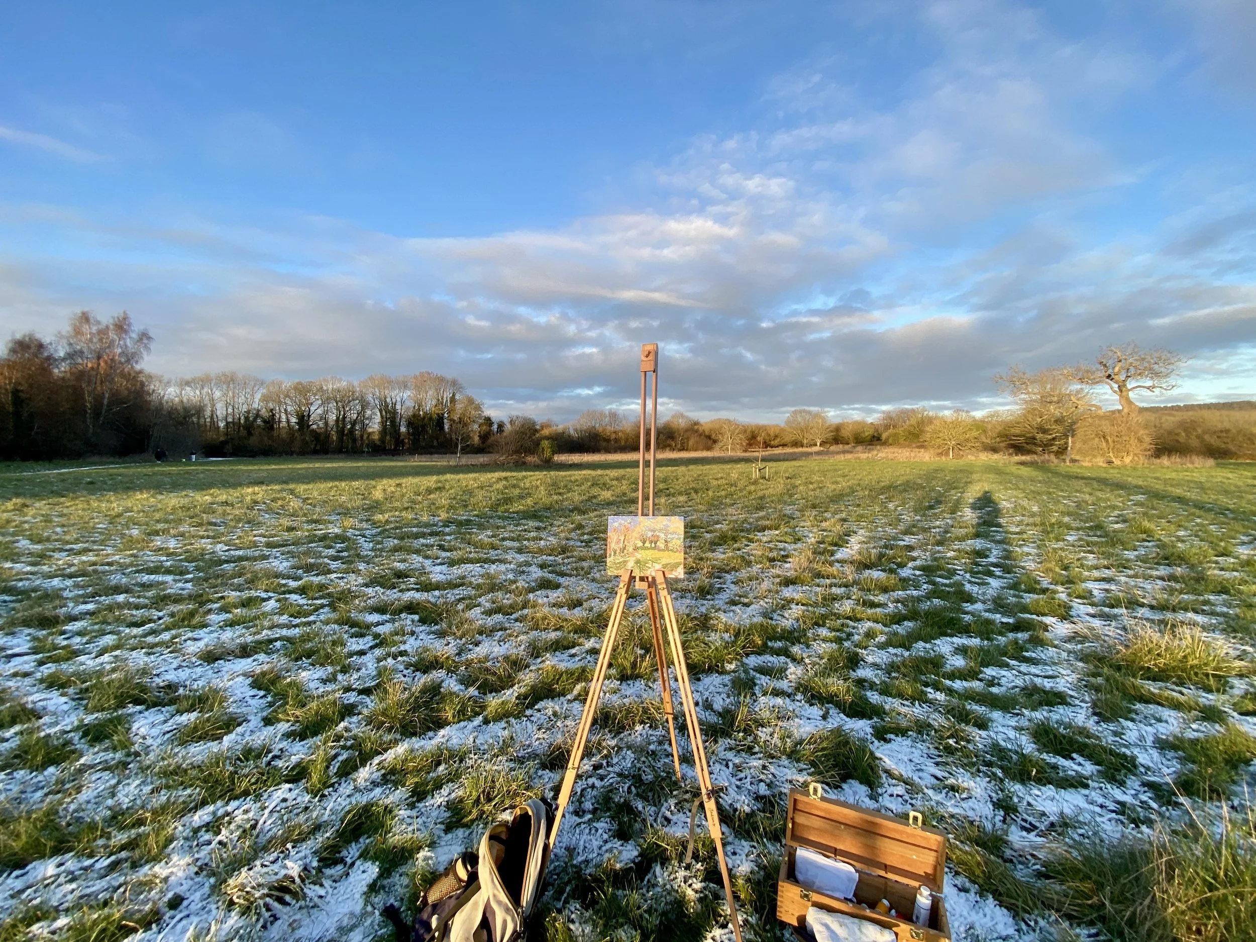 Plein air progress shot of Old Oak at the Winter Watermeadows, an original landscape oil painting by K W Eyton