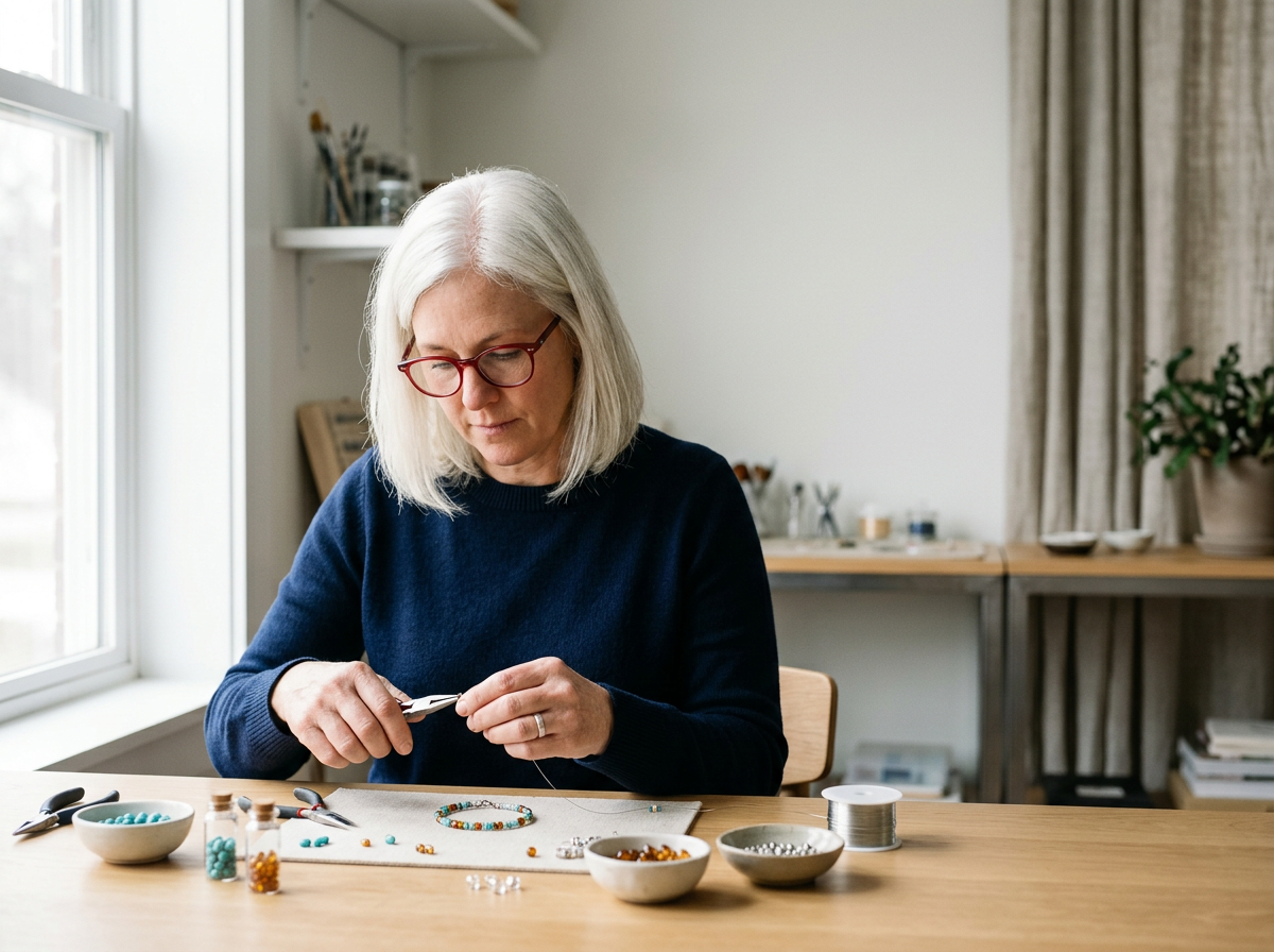 An older woman with gray hair and glasses working on making jewelry at a wooden table, surrounded by beads, tools, and jewelry supplies in a bright room. MTL Makers