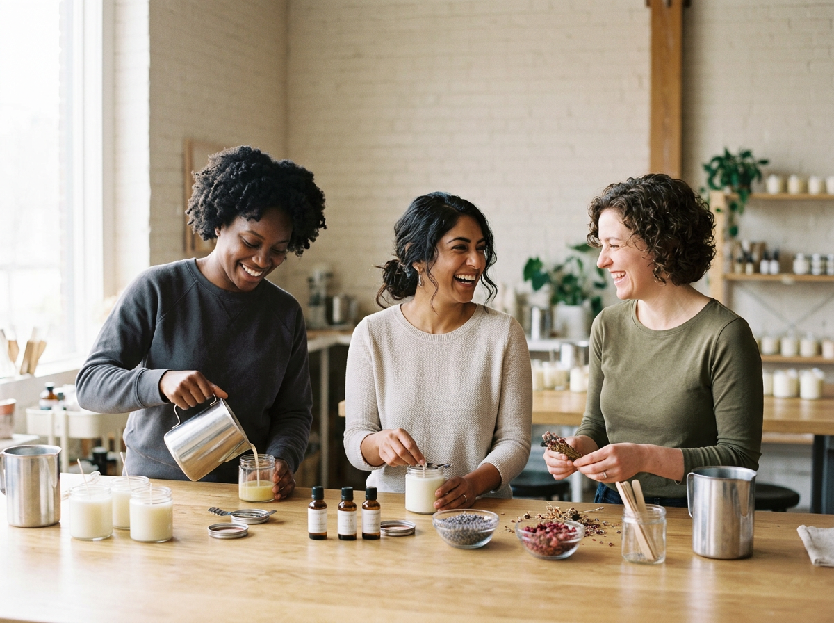 Three women in a cozy kitchen with natural light, making candles together. They are smiling and laughing around a wooden table with candles, essential oils, and craft supplies. MTL Makers