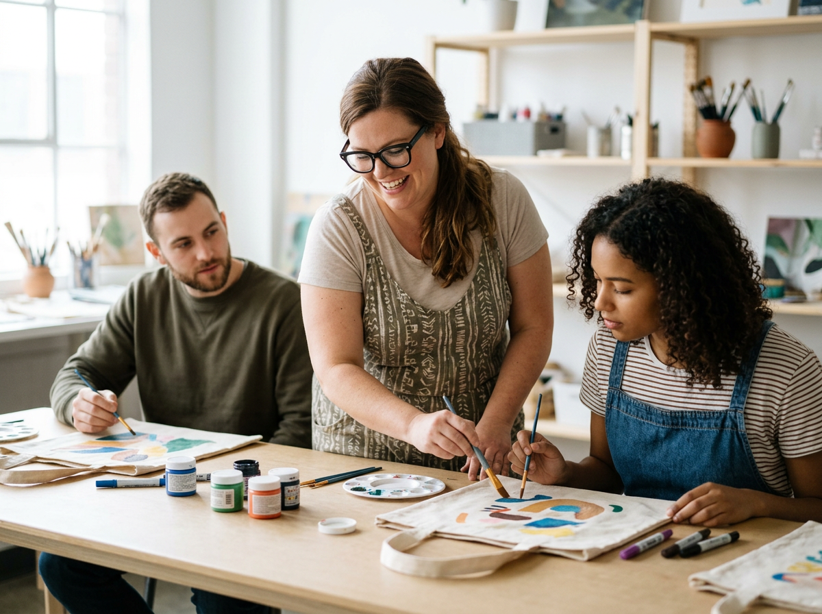 Woman teaching two young adults how to paint on tote bags in an art studio. MTL Makers