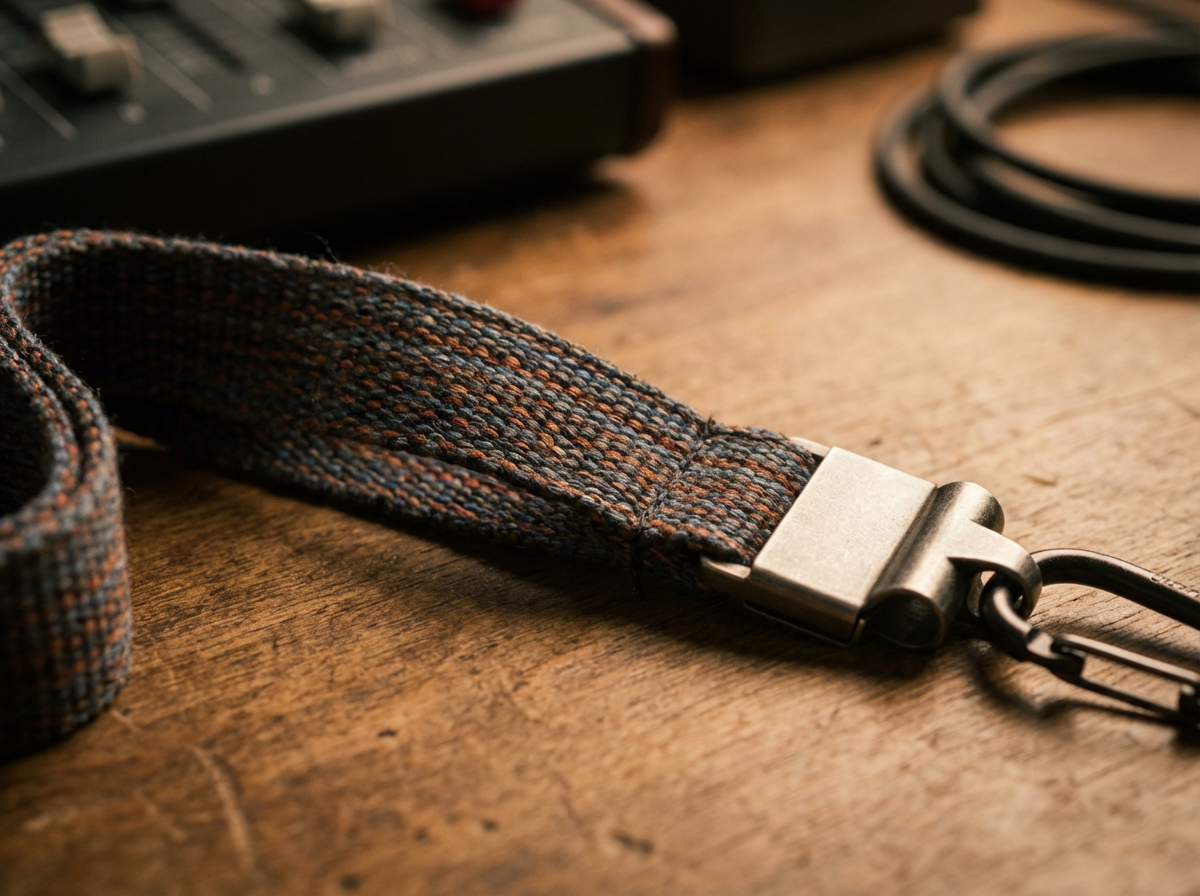 A close-up of a fabric lanyard with a metal buckle and clip lying on a wooden surface, with a blurred electronic device and coiled cables in the background.