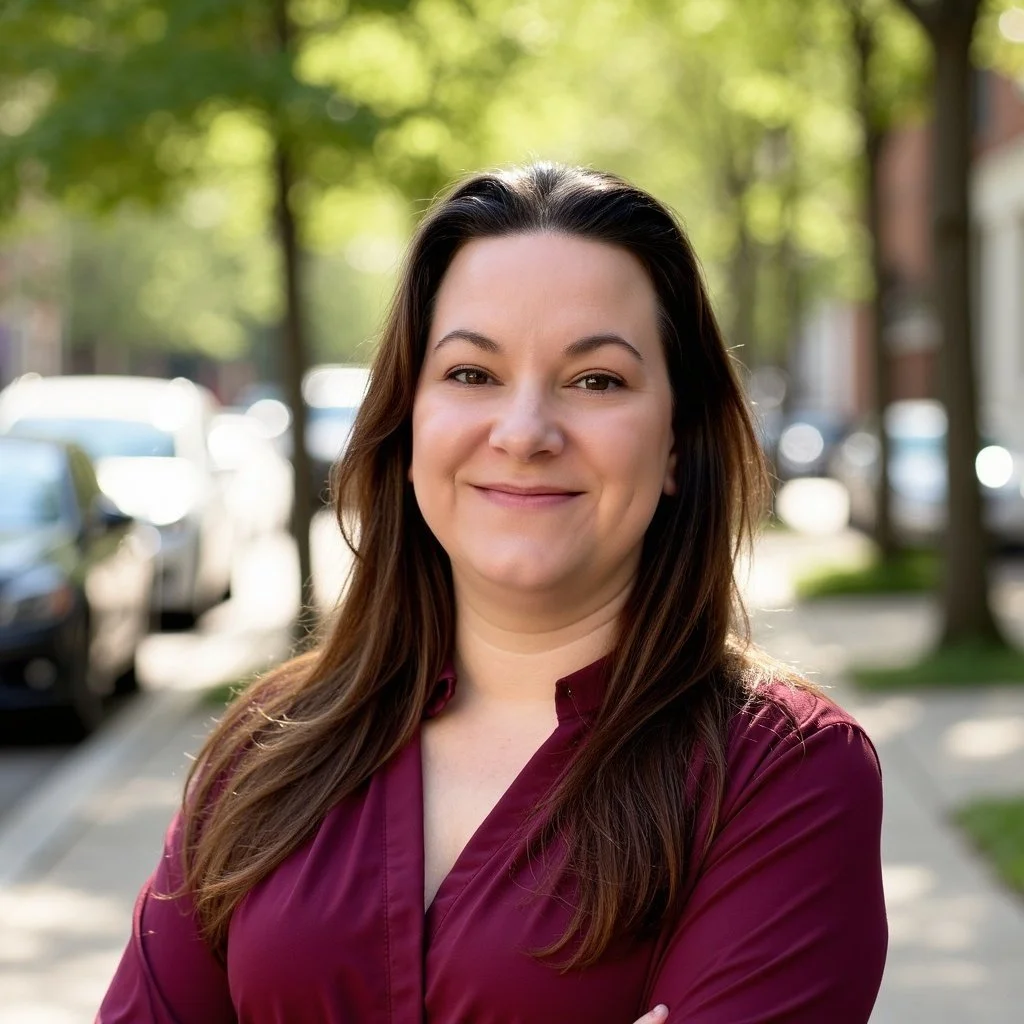 A smiling woman with long brown hair outdoors on a sunny day, with trees and parked cars in the background.