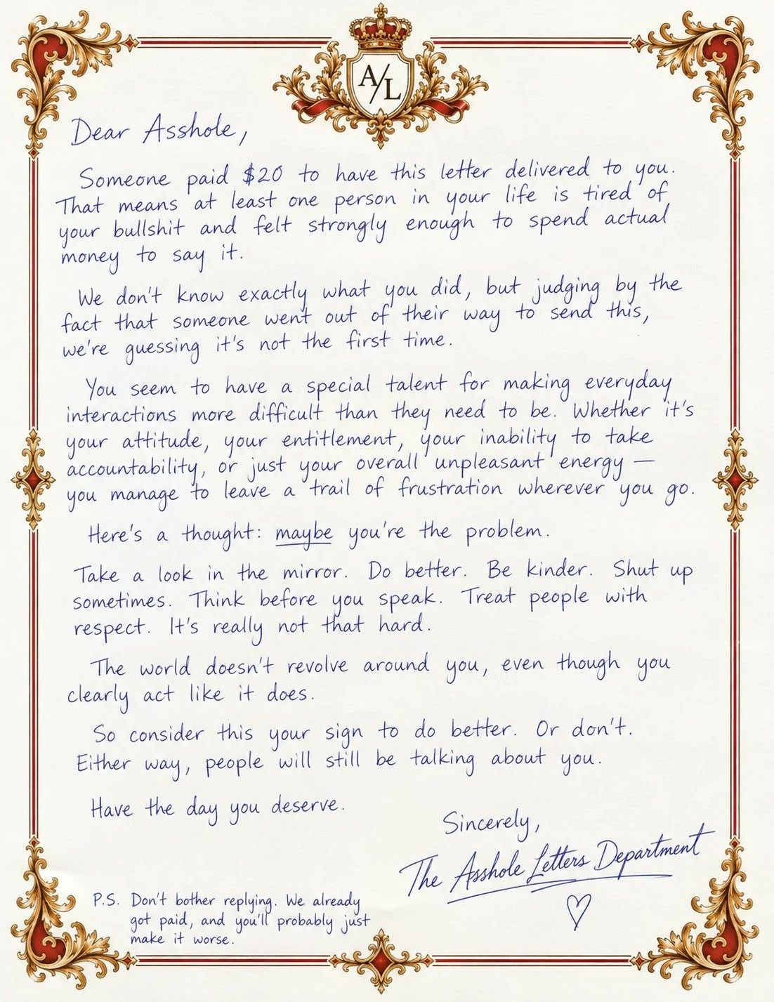 Dear Asshole letter sample
