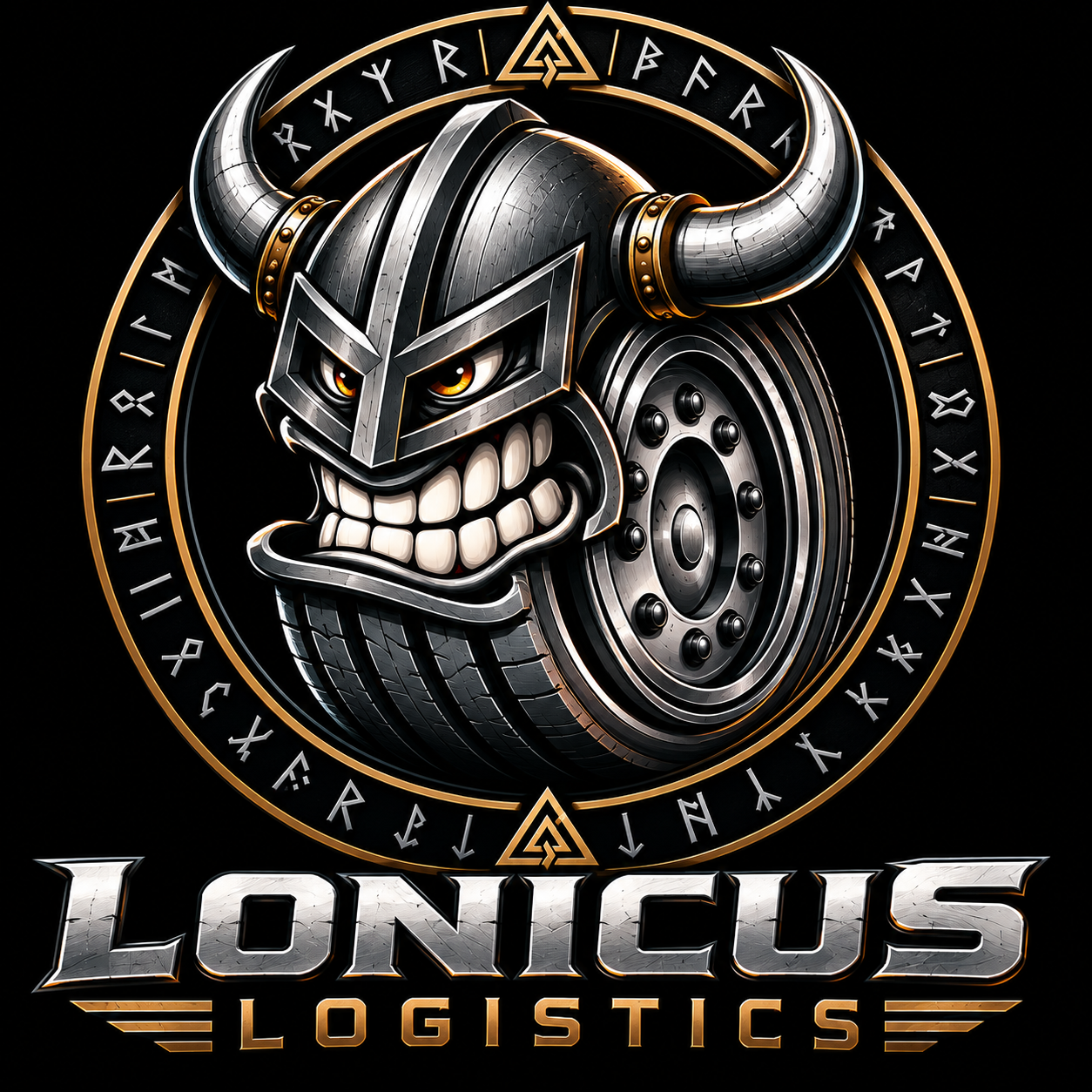 A logo for Lonicus Logistics featuring a fierce Viking helmet with horns and a tire, with runic symbols encircling it, and the company name in metallic text below.