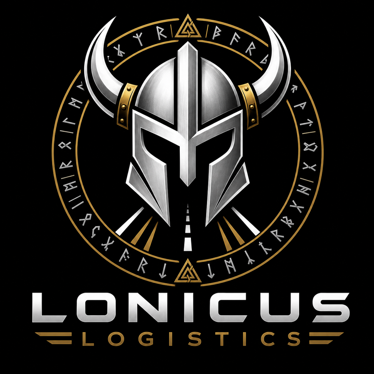 A Viking helmet with metallic silver and gold accents, featuring large curved horns, is centered above the text "Lonius Logistics" on a black background with gold and silver circular designs and runic symbols.
