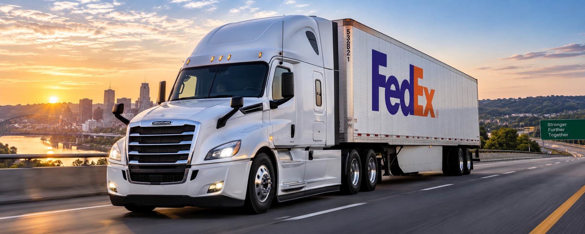A FedEx semi-truck driving on a highway during sunset with a city skyline in the background.