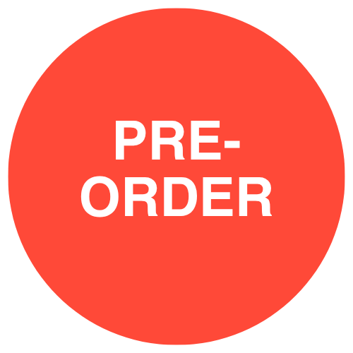 Red circular button with white text reading "PRE-ORDER".