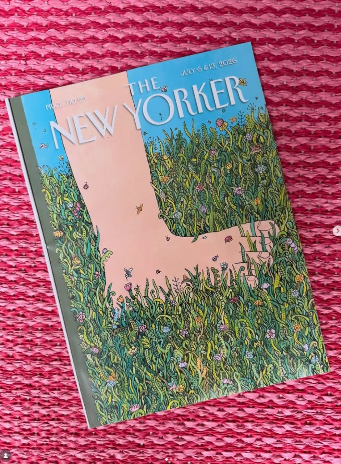 Cover of The New Yorker magazine featuring an illustrated scene of a large pink letter L filled with grass and small flowers, with insects flying around, on a pink textured background.