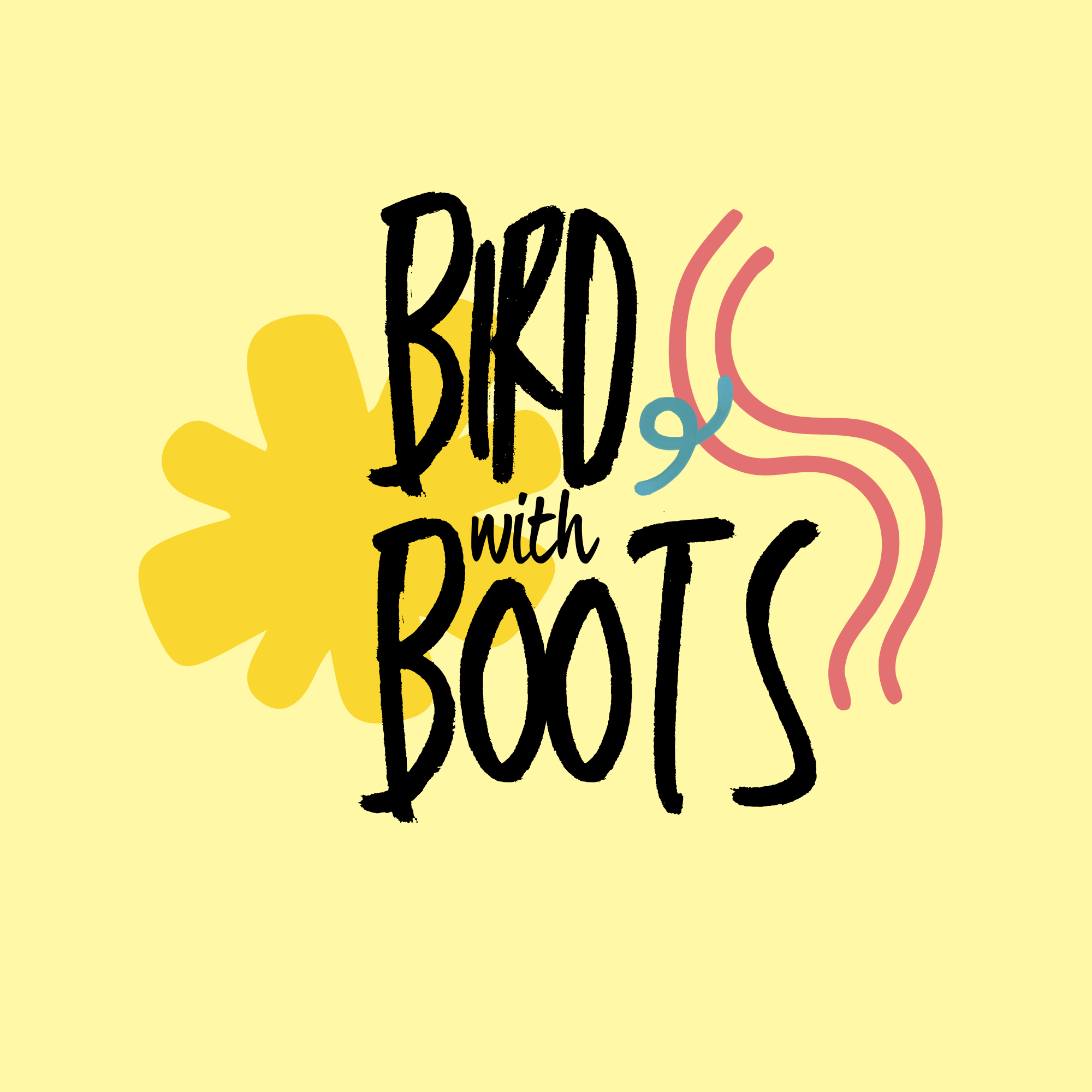 Text on a yellow background reading 'Bird with Boots' with colorful abstract squiggly lines.