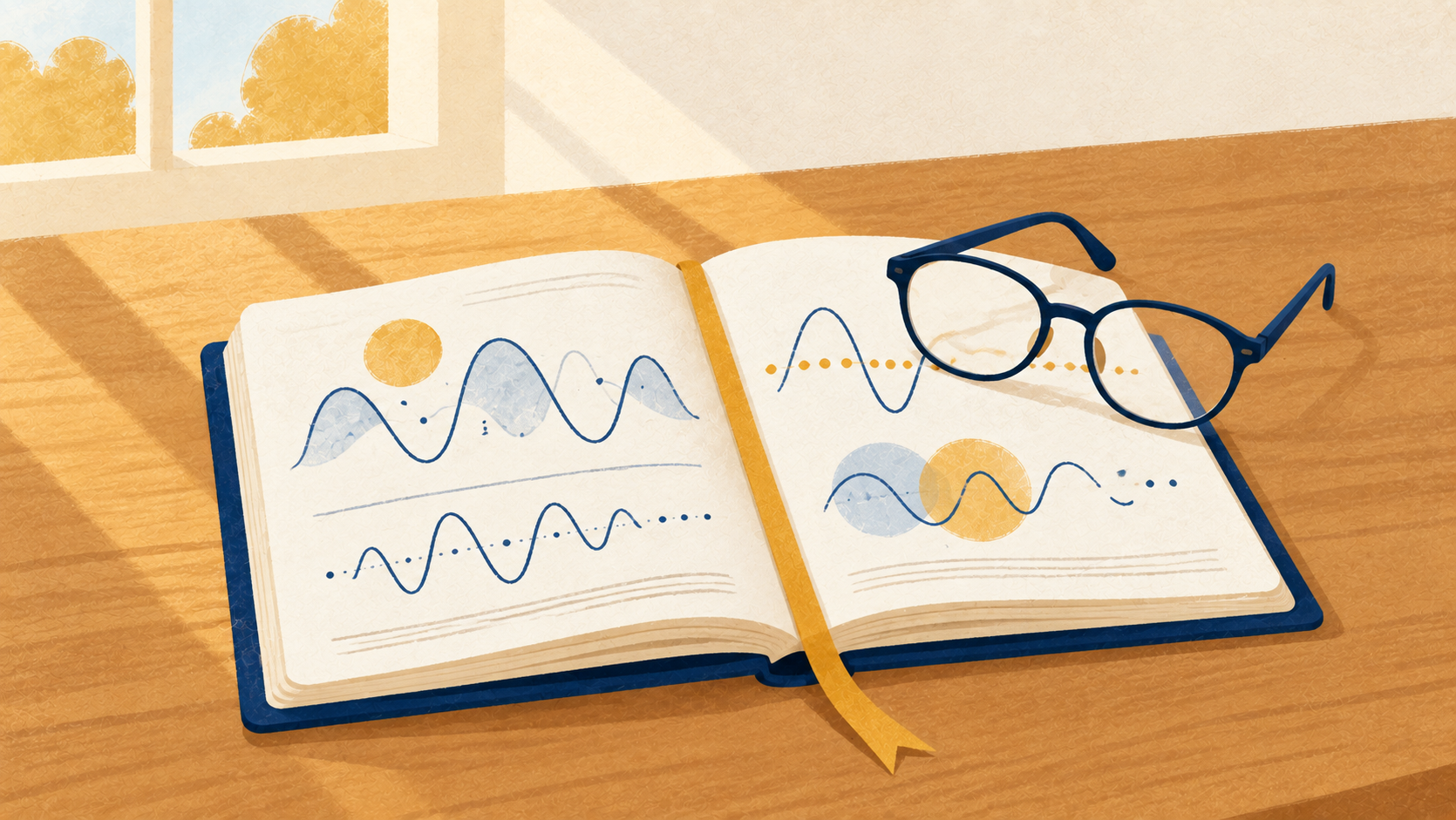 A research notebook with sound-wave sketches on a desk