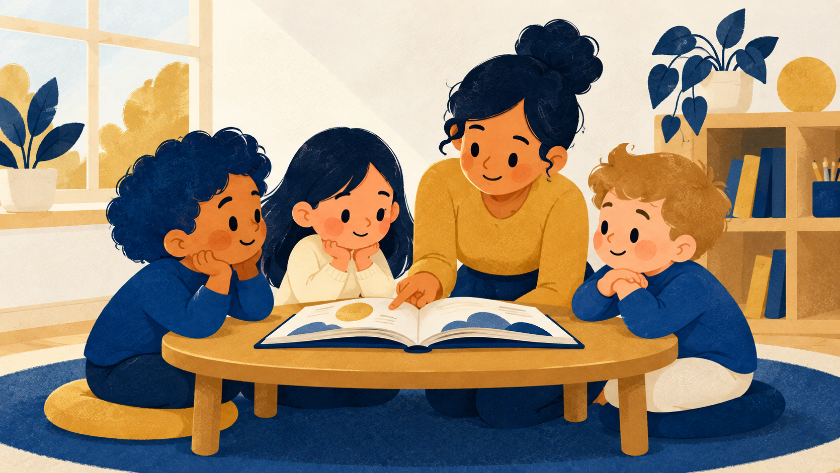 A teacher reading with a small group of young children at a classroom table