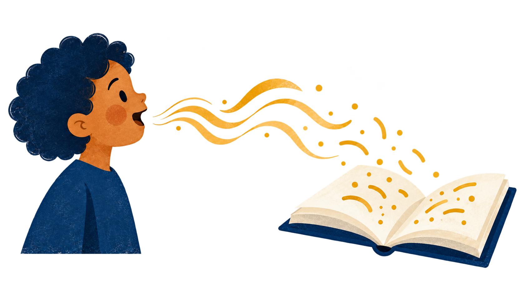 A child speaking as sound waves turn into writing on an open book