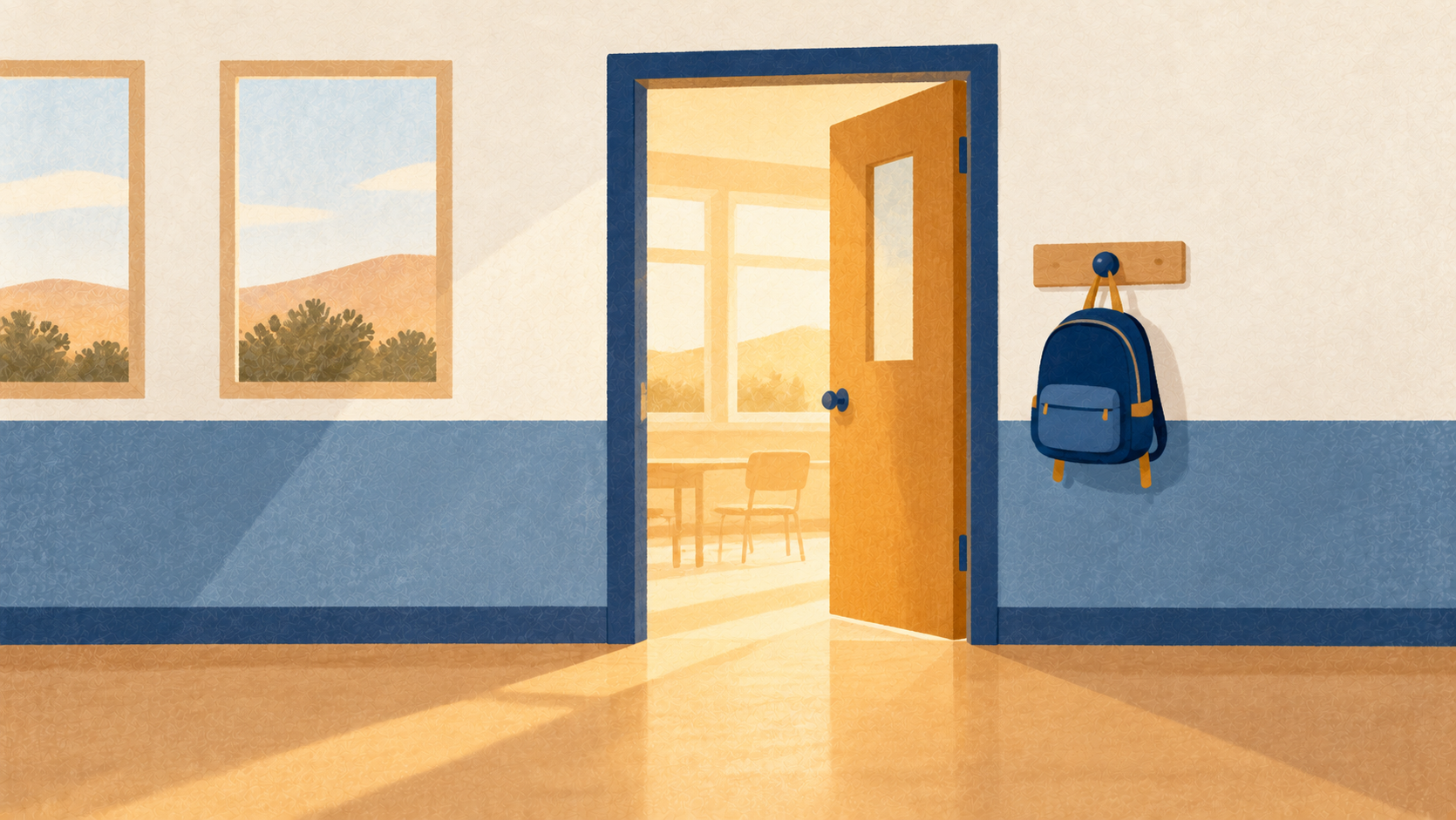 An open school door with warm light