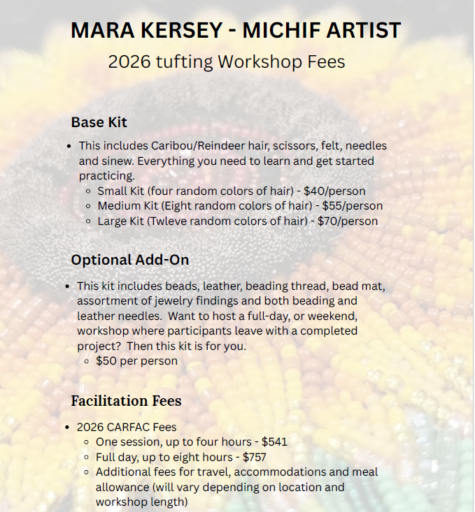 Flyer for Mara Kersey's 2026 tufting workshop with details about base kits, optional add-ons, and facilitation fees, featuring background beads.