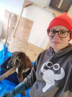 Person wearing glasses and a red beanie takes a selfie while wet scraping a deer hide, in a room with a white wall and some tools hanging.