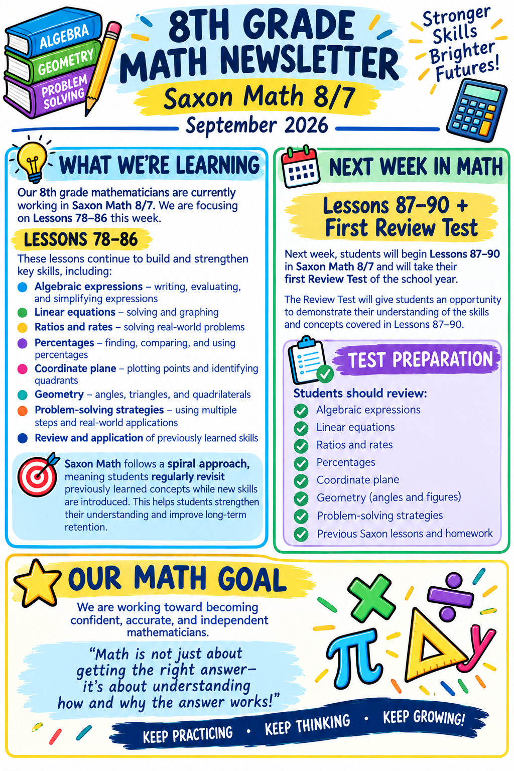 Colorful educational newsletter for 8th grade math students with sections on what they are learning, upcoming lessons, test prep, and math goals. Features icons and illustrations of books, pencil, calculator, light bulb, target, checkmarks, and various math symbols.