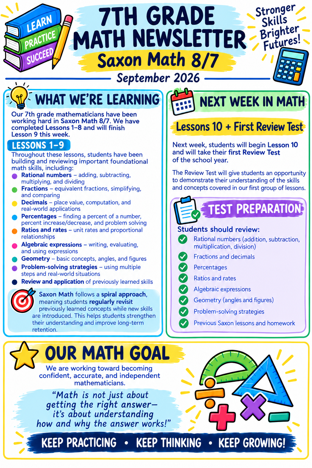 A colorful newsletter for 7th grade math students titled 'Saxon Math 8/7' for September 2026, highlighting lessons, review, and test prep topics, with graphics of books, a pencil, a calculator, and math symbols.