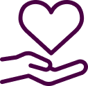 A purple heart above two purple hands forming a supportive gesture