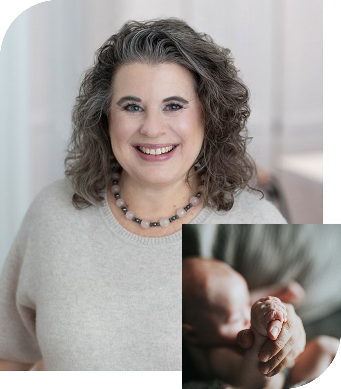 A woman with curled hair smiling, wearing a beige sweater and a beaded necklace, with a blurred background. In the lower right corner, a close-up of a newborn baby holding an adult's finger.