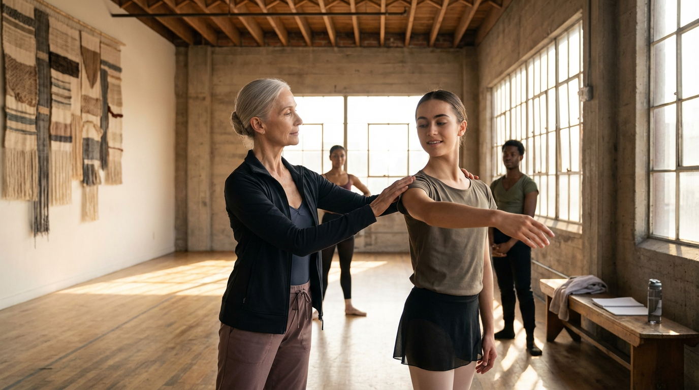 An instructor helping a young woman with ballet stretching in a dance studio with large windows, wooden floors, and exposed brick walls.