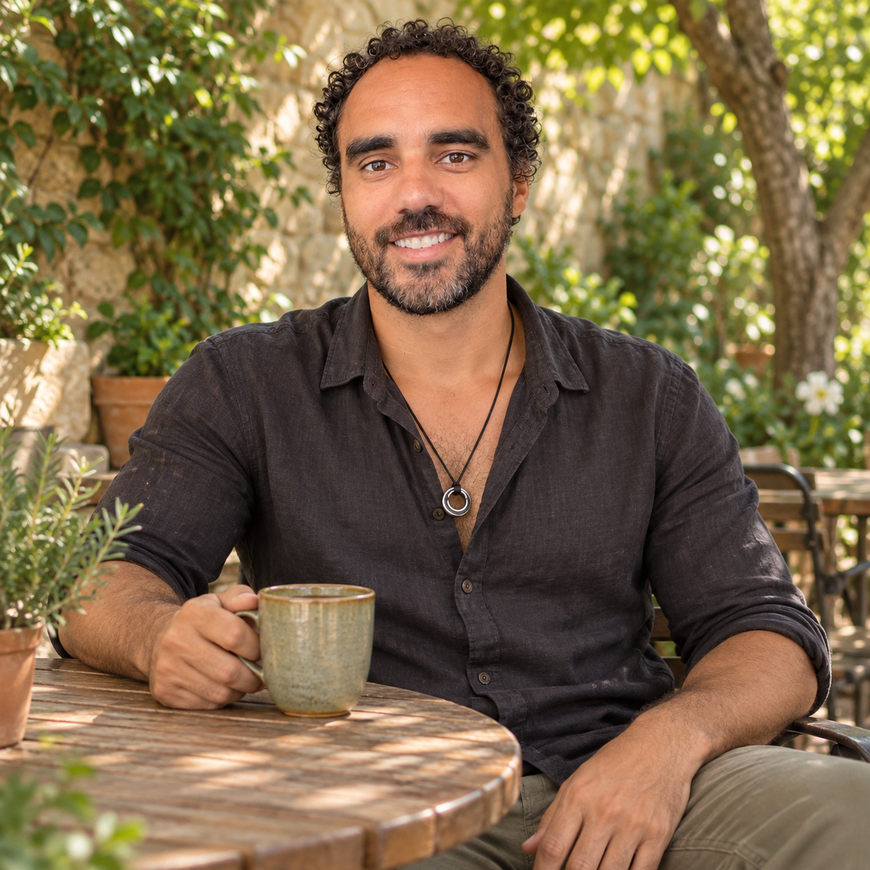 A smiling man with curly dark hair and a beard sitting outdoors at a wooden table, holding a greenish mug, surrounded by plants and trees.