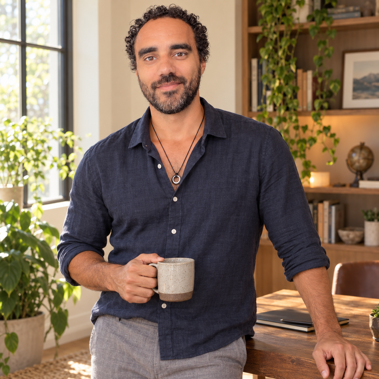 A man with curly hair and a beard holds a mug, standing in a well-lit home office or living space with plants, bookshelves, and decorative items in the background.