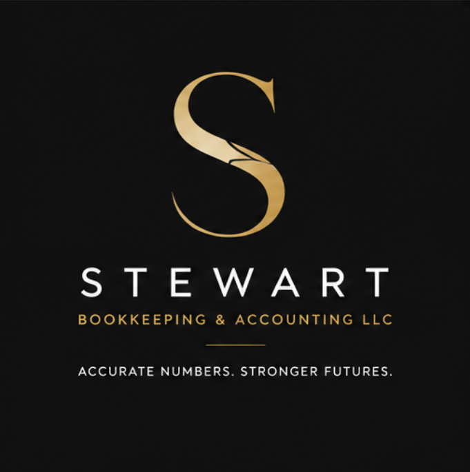 Logo for Stewart Bookkeeping & Accounting LLC featuring a large gold letter 'S' against a black background, with the company name and slogan 'Accurate Numbers. Stronger Futures.'