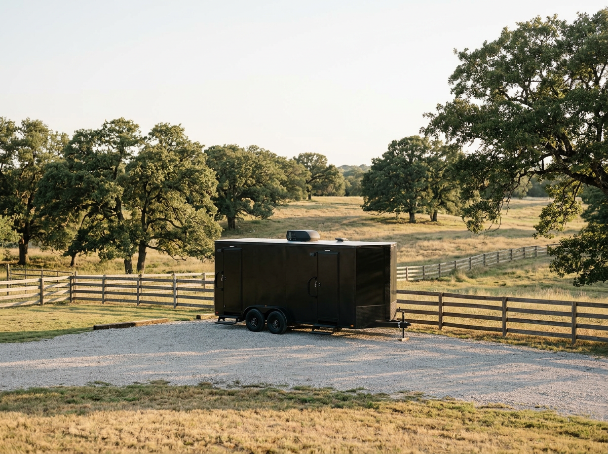 A black trailer parked on a gravel surface in a rural area with trees and open fields in the background during daylight.