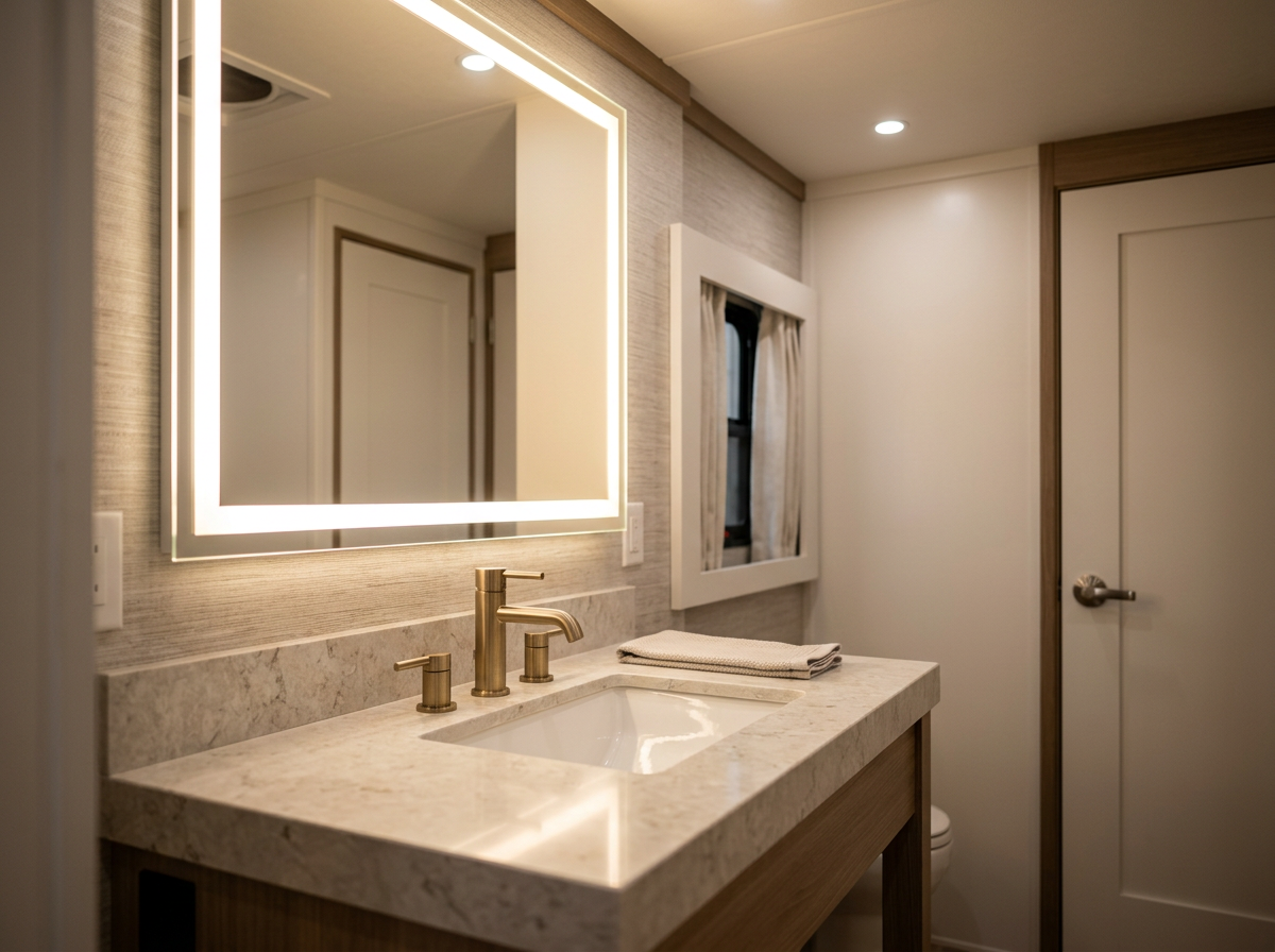 Bathroom with illuminated mirror, marble countertop, brass faucet, towel, window with curtains, and door.