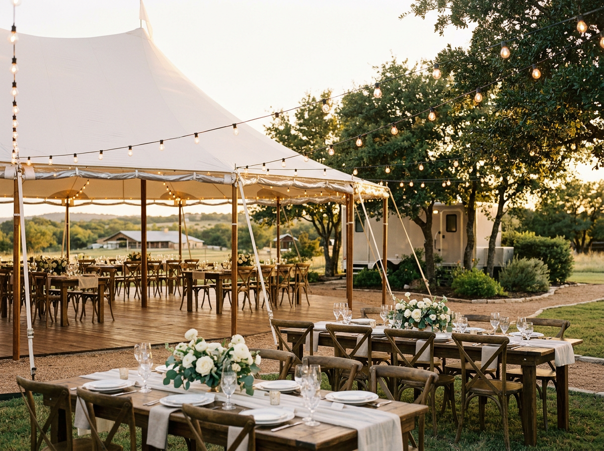 Outdoor wedding reception setup with wooden tables and chairs, floral centerpieces, and string lights at sunset.
