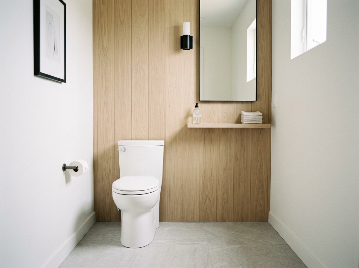 A minimalist bathroom with a white toilet, a large mirror, a small shelf with hand towels and hand sanitizer, a framed abstract art piece, a black wall sconce, and small windows on the wall.