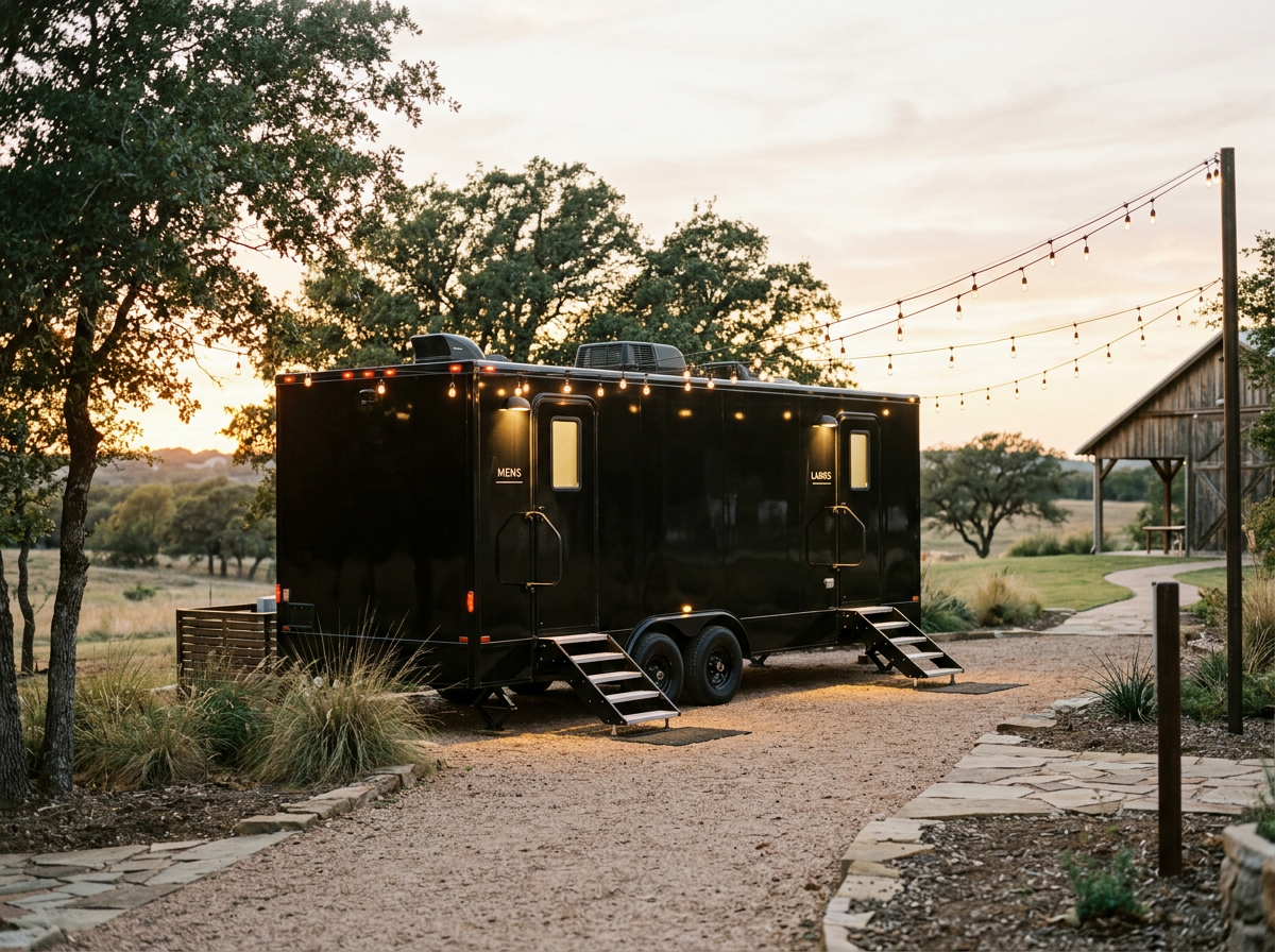 Black trailer with separate entrances for men and women, parked in a rural setting during sunset, decorated with string lights, with trees and a rustic barn in the background.