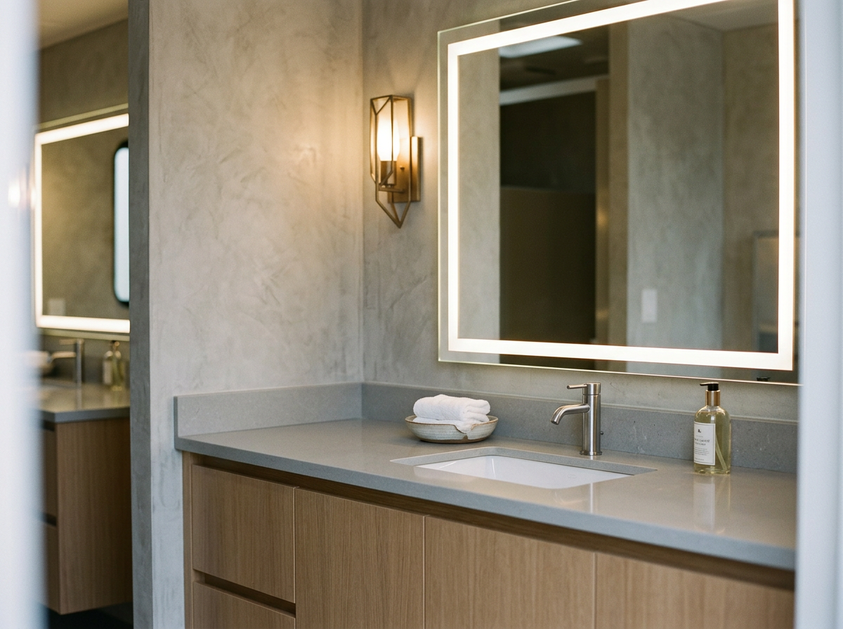 Modern bathroom vanity with a large backlit mirror, a sink, soap dispenser, and neatly folded towels