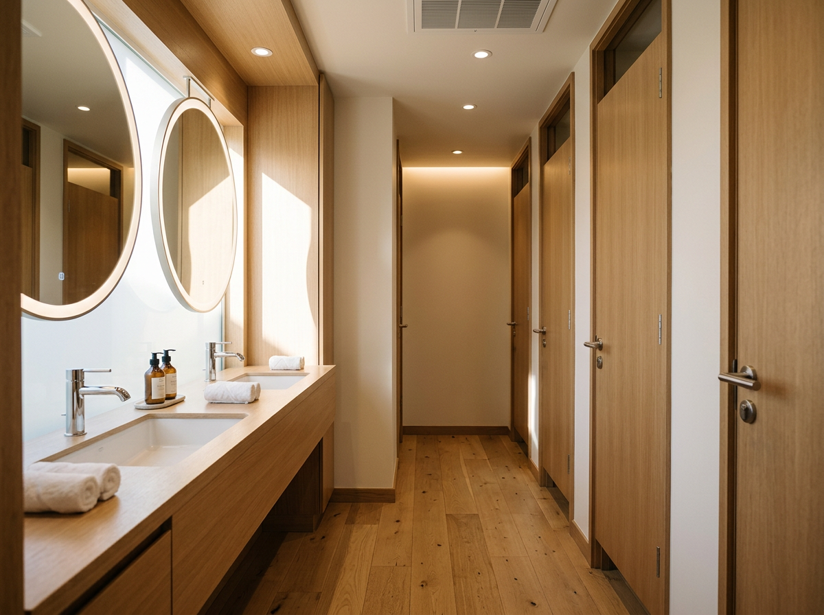 A bathroom with wooden accents, featuring a long wooden vanity with two sinks, round mirrors with backlighting, soap dispensers, and rolled towels. On the right side, there are multiple closed wooden doors, likely for stalls or storage. The floor and ceiling have wood and neutral tones, with recessed lighting.