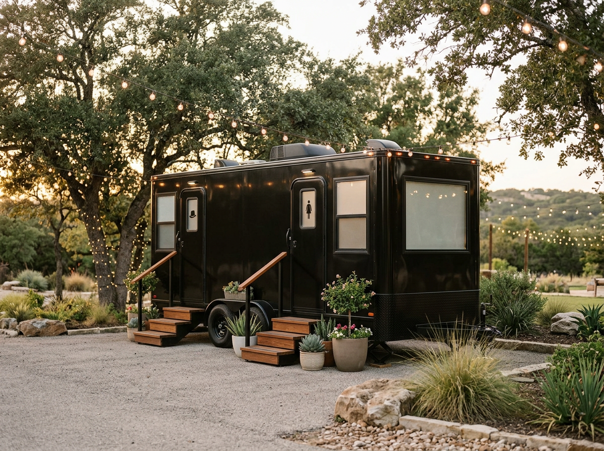 Black tiny house or mobile trailer with restrooms sign, set in a landscaped outdoor area with rocks, plants, and string lights, during sunset.
