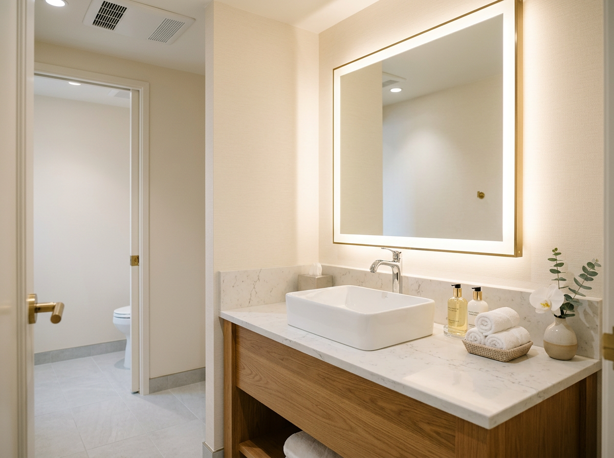 Modern bathroom with a white sink, marble countertop, large illuminated mirror, and minimal decor including hand towels, soap, and a small vase of greenery. A separate toilet area is visible through an open door.