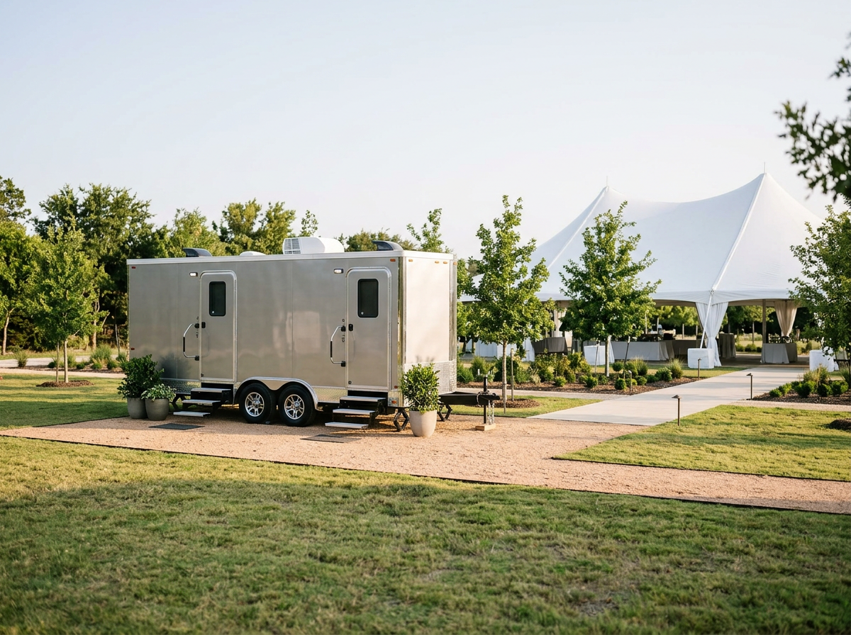 A portable white trailer with steps leading up to a door, placed on a gravel area in a park-like setting with green grass and trees. In the background, there's a white event tent with outdoor tables and chairs underneath.