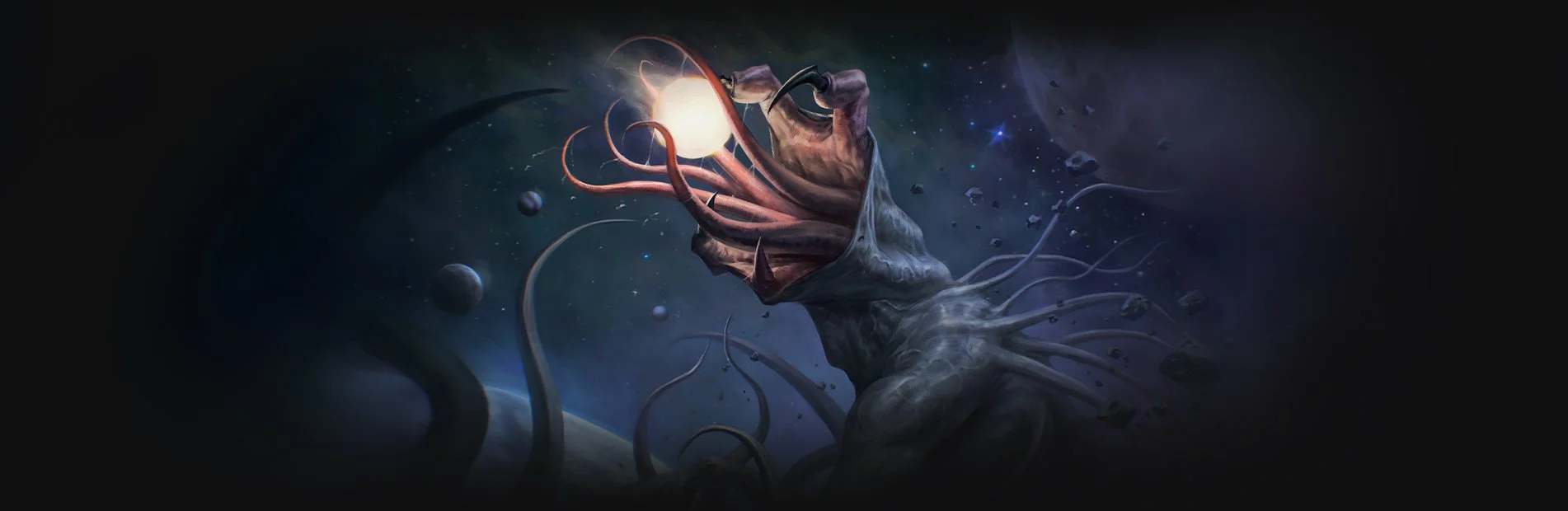 A surreal digital artwork of a creature with a human arm and tentacles reaching into space, holding a bright glowing orb, with planets and asteroid debris in the background.