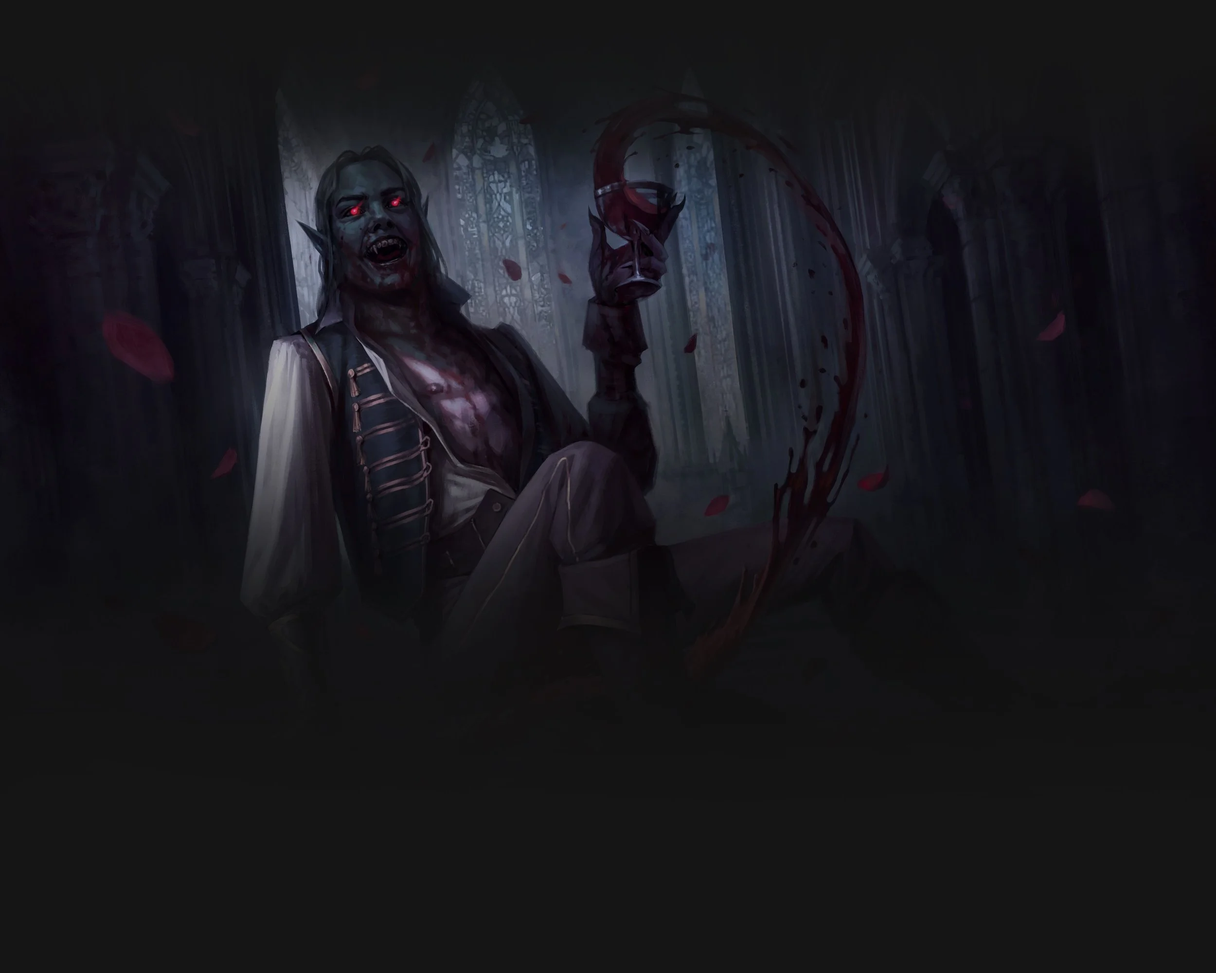 Dark fantasy scene featuring a vampire with glowing red eyes, sharp fangs, elf-like ears, and blood-stained clothing, holding a twisted staff with a dripping, bloodied blade in a gothic cathedral setting with stained glass windows.