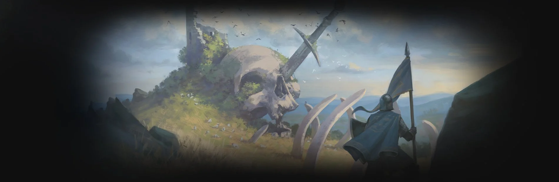 A medieval soldier with a helmet, cape, and shield holding a flag, standing in front of a large skull and sword monument on a grassy hill with a cloudy sky.
