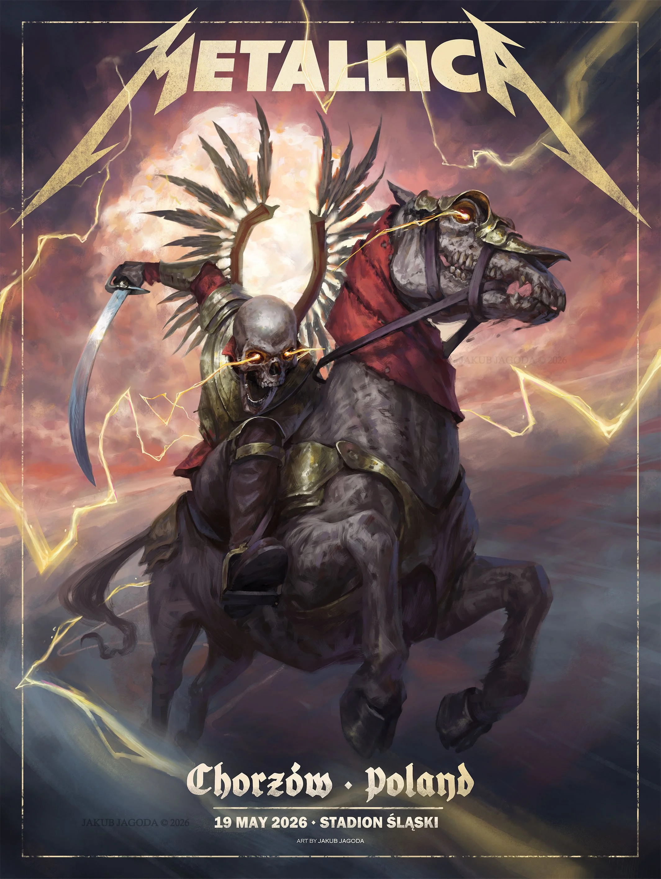 A promotional poster for a Metallica concert featuring a demonic horse with human skulls and feathers, set against a stormy sky with lightning. The event is scheduled for May 19, 2026, at Stadion Śląski in Chorzów, Poland.