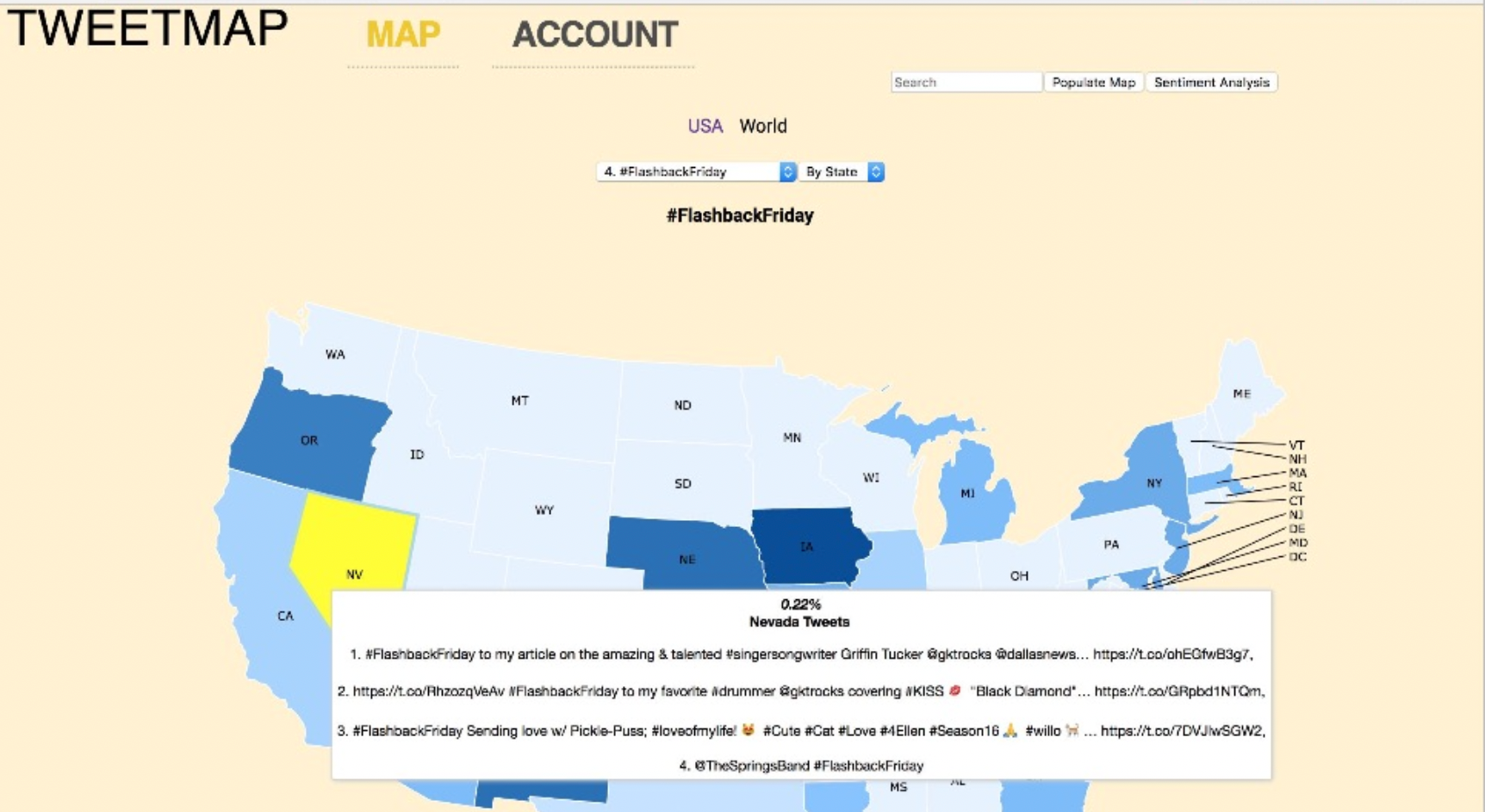 A map of the United States showing Tweet activity related to #FlashbackFriday, with states shaded in various shades of blue and yellow. The map includes a list of hashtags and tweets in a text box at the bottom.