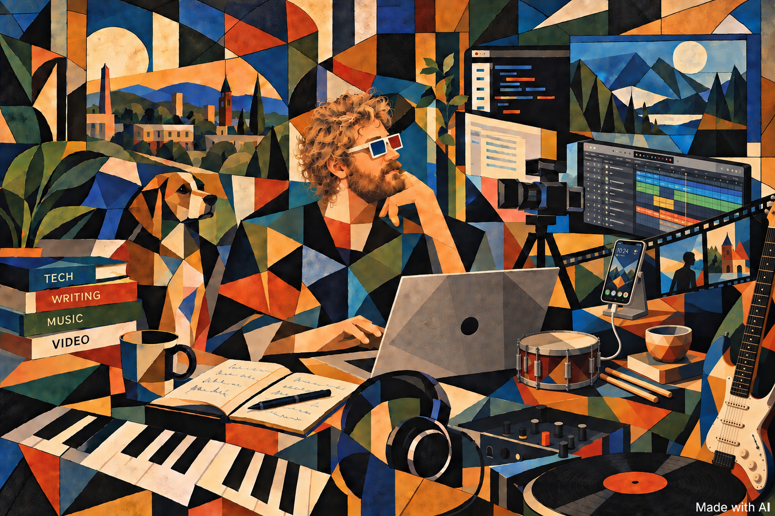 Digital artwork of a music producer working with electronic music equipment. The scene includes a keyboard, headphones, a laptop, a smartphone, digital screens, a camera, a guitar, a microphone, a drum, books labeled Tech, Writing, Music, Video, and a mug. The background features geometric patterns and landscape scenes with mountains, trees, and a cityscape.
