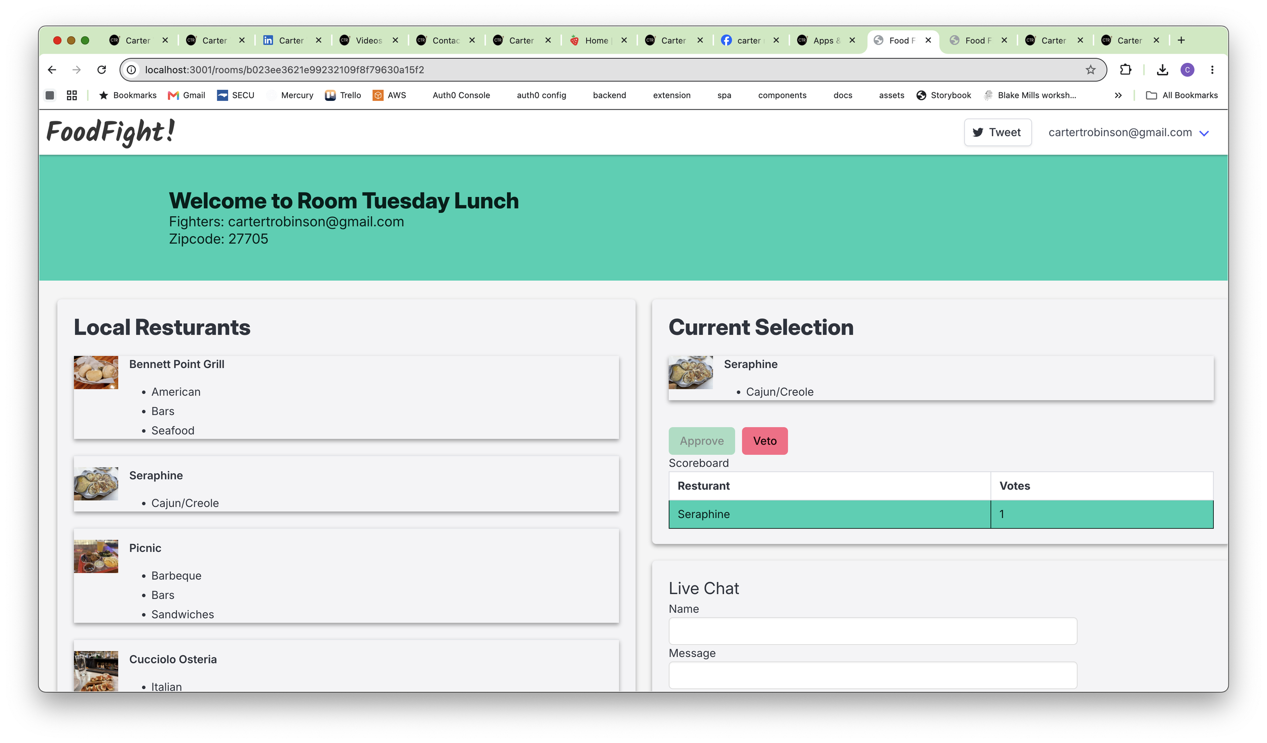Screenshot of a web app called FoodFight, displaying a list of local restaurants, their cuisine, and a voting interface for a dish named 'Seraphine' with options to approve or veto. The interface includes a live chat section at the bottom.