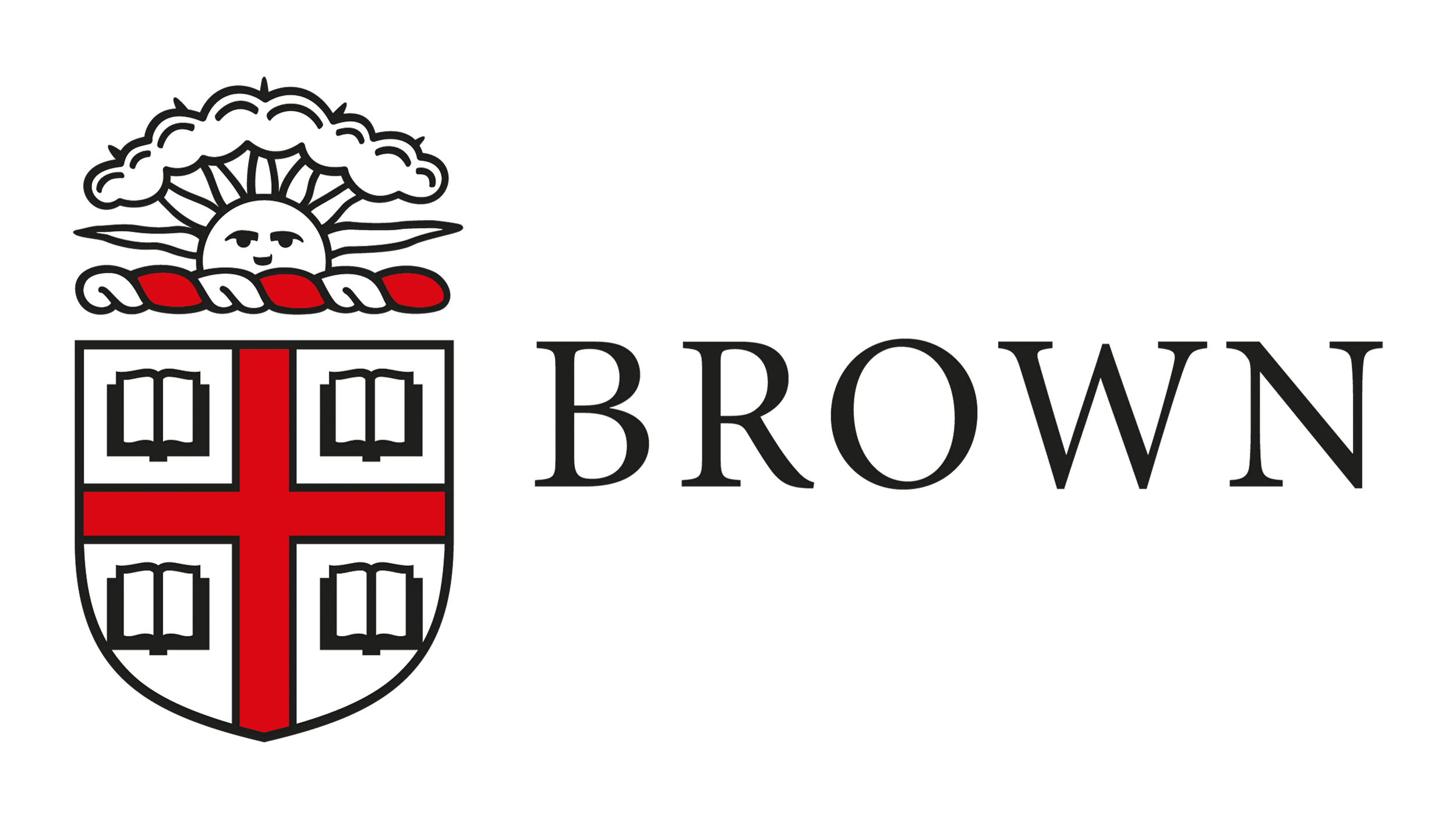 A black background with a shield featuring a red cross and open books in each quadrant. Above the shield, a white smiling face with rays resembling a sun or cloud. To the right, the word 'BROWN' in large black letters.