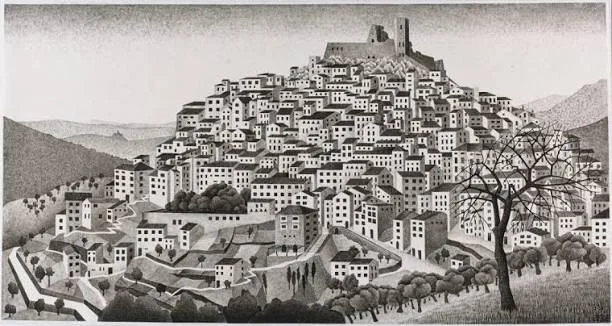 Illustration of a hillside town with numerous buildings and a castle at the top, featuring trees and winding roads in the foreground.